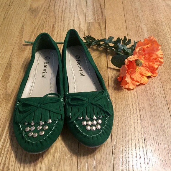 Green Velvet Moccasins with Studs - Picture 1 of 8